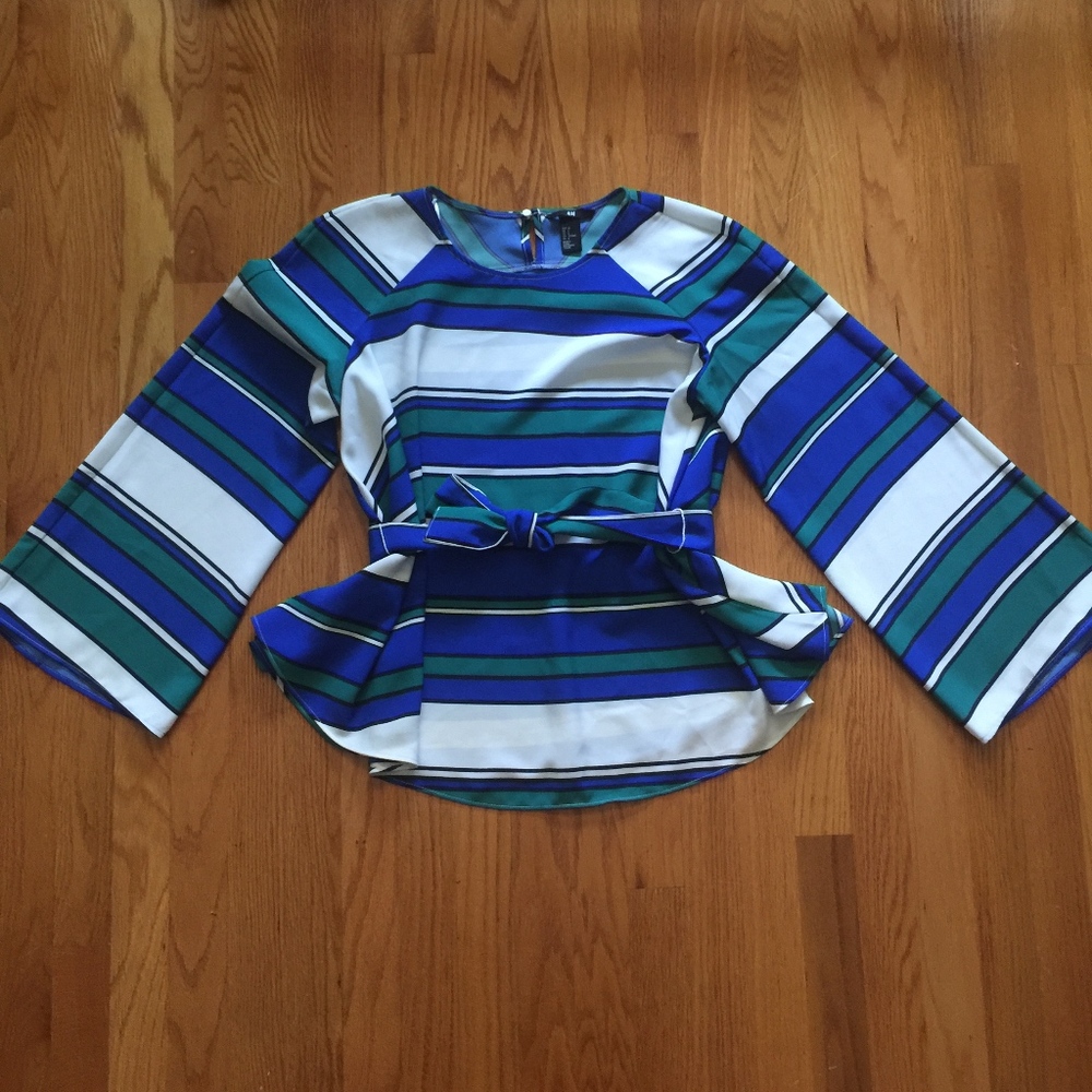 H&M Blue & Green Stripe Wide Sleeve Tie Top- Sz 8